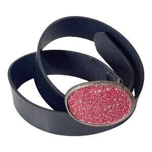 Blue Asphalt Black Leather Belt Pink Rhinestone Buckle Womens Medium 31-35" Vtg